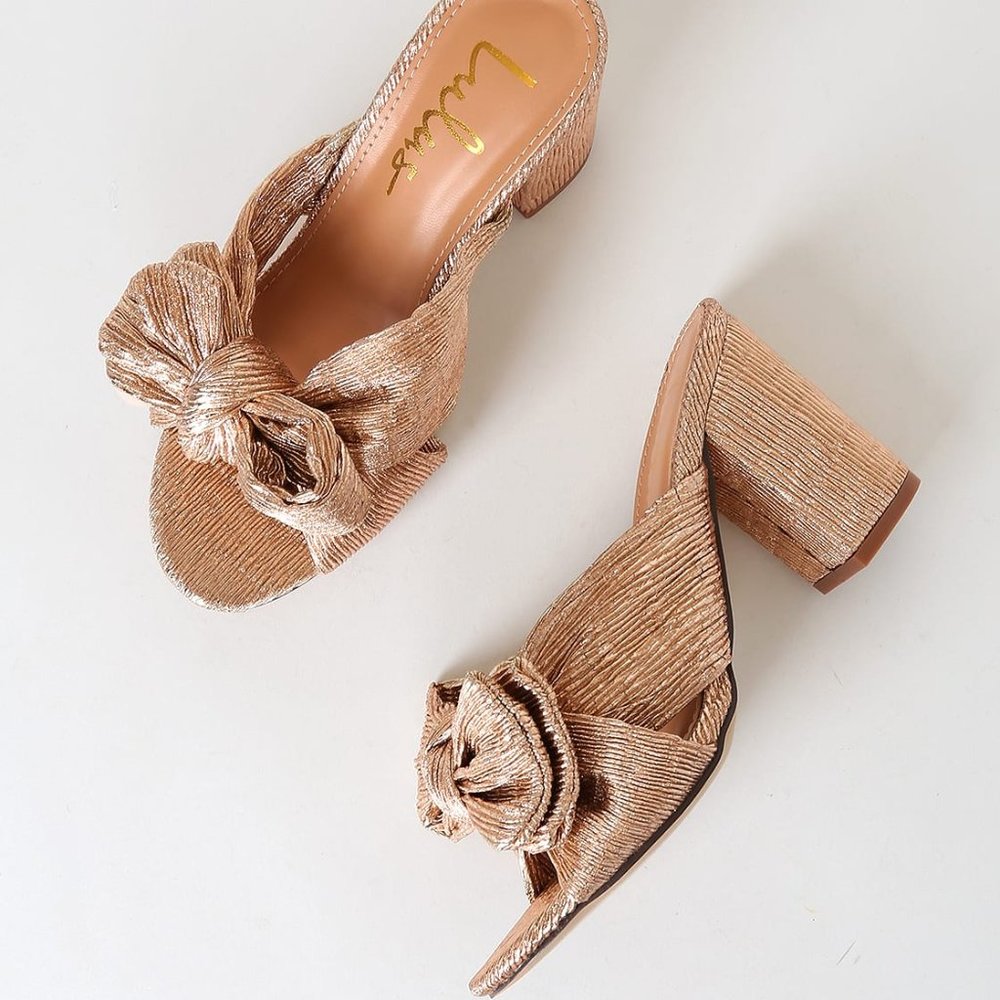 Dorothea Rose Gold Knotted High Heel Sandals (Size 6)